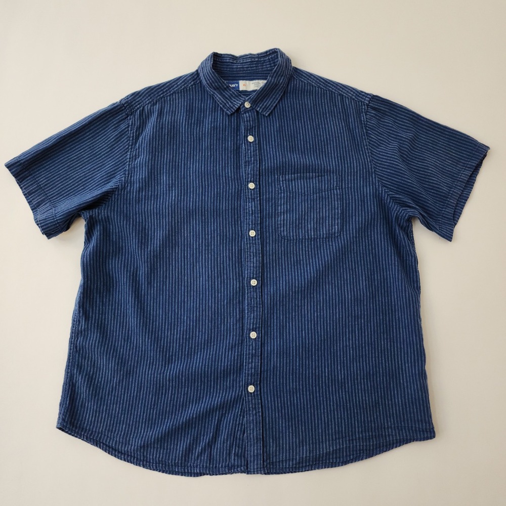Old Navy Mens Everyday Shirt XL Blue White Striped Linen Blend Short Sleeve